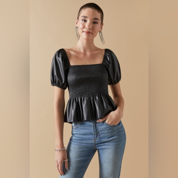 Francesca's Collections Tops - Franchesca’s Tonya Solid Vegan Leather Puff Sleeve Blouse - size S (NWT)